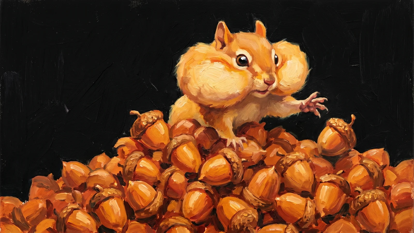 Oil painting of a smug chipmunk perched atop a mountain of acorns, cheeks stuffed, still reaching for more.