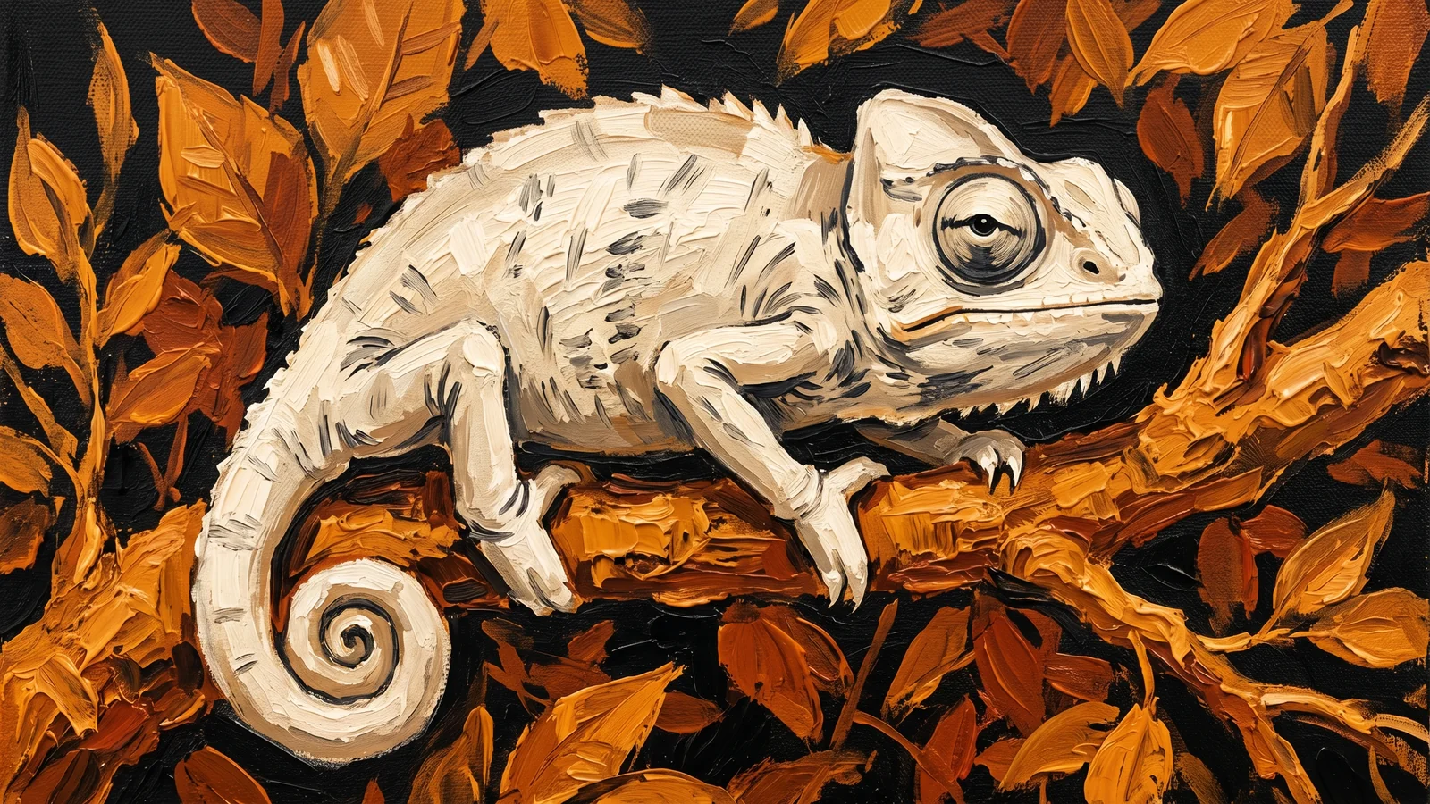Oil painting of a cream-white chameleon clinging to a warm amber branch, serenely refusing to match its environment.