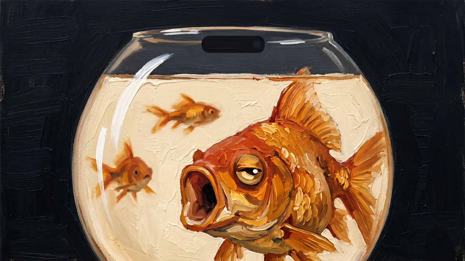 Oil painting of a goldfish in a fishbowl whose rim has a smartphone-style camera notch, mouth open in a long yawn.