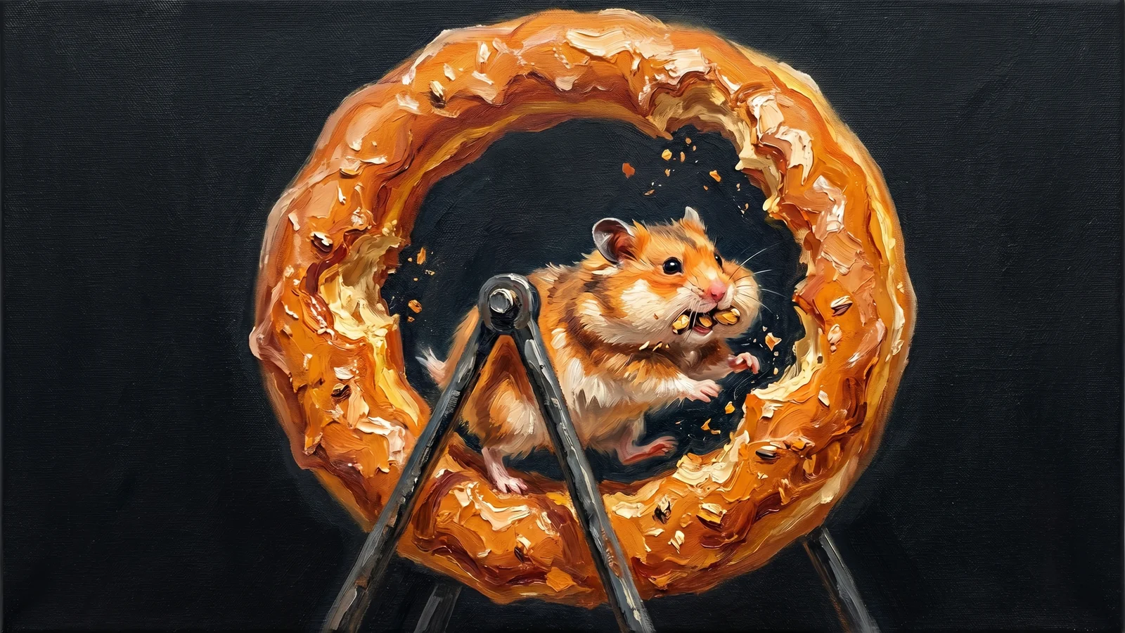 Oil painting of a chubby hamster running inside a wheel made of a glazed donut, cheeks stuffed, eating the track as it runs.