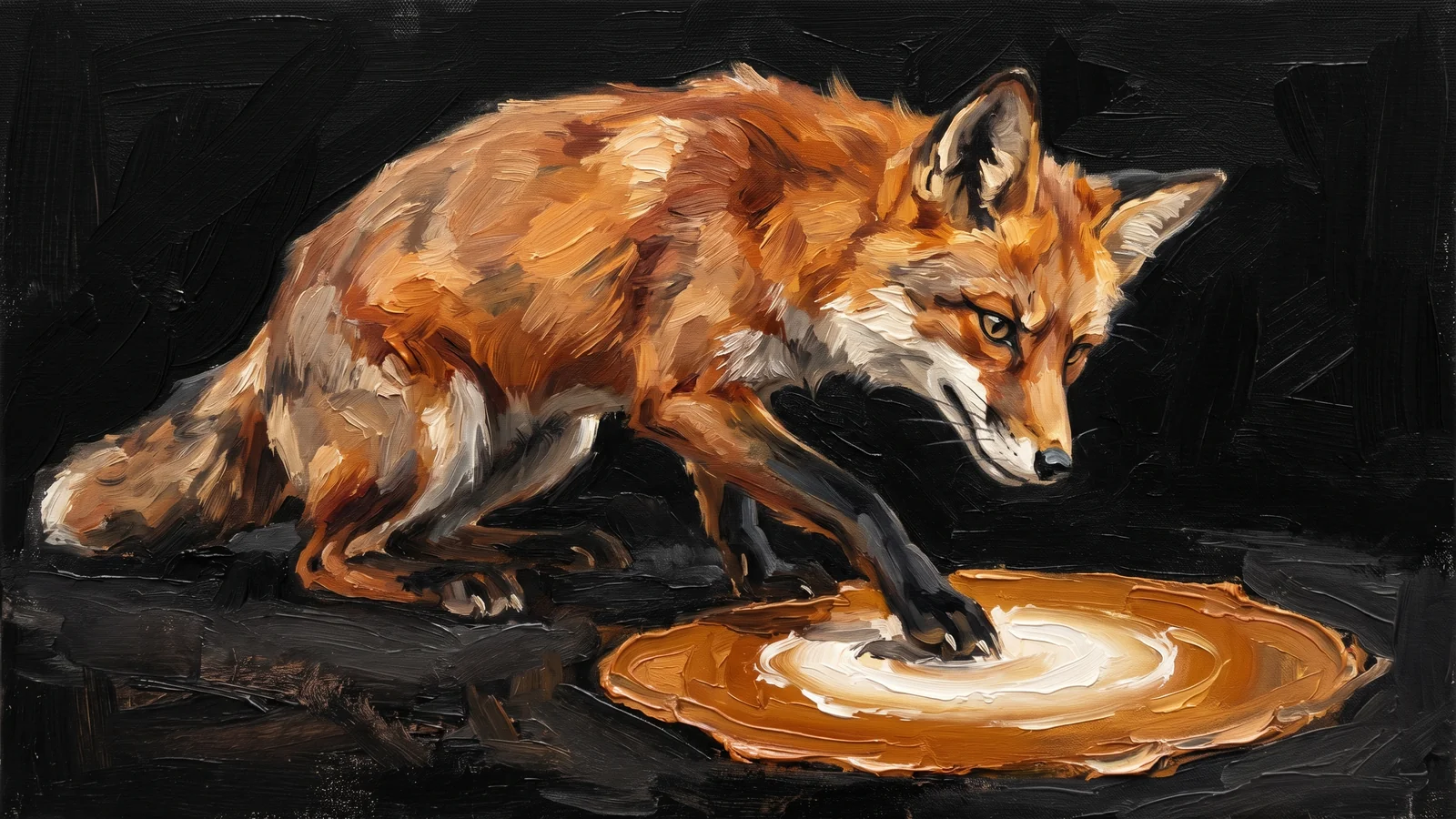 Oil painting of a fox crouched low, one paw dipped into a warm amber puddle, a clean cream-white ripple spreading outward from the point of contact.