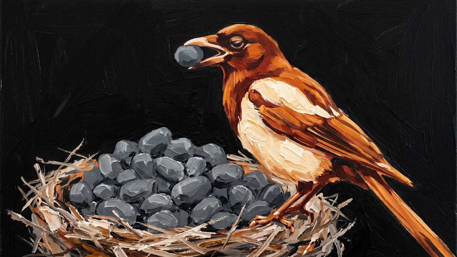 Oil painting of a magpie perched on a nest heaped with plain charcoal pebbles, holding one in its beak with elegant indifference.