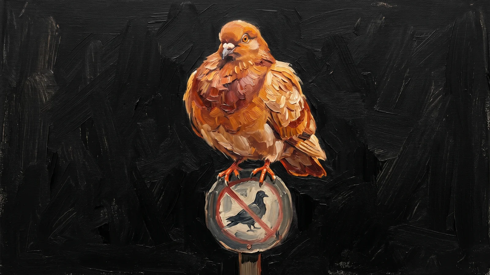 Oil painting of a chest-puffed pigeon perched smugly on top of a no-pigeons-allowed sign, staring directly at the viewer.
